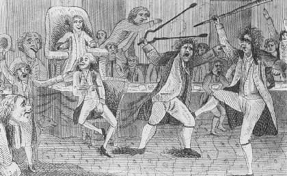 Satiric portrayal of the first fight in Congress—between Matthew Lyon and Roger Griswold. Lyon was later prosecuted under the Sedition Act. (Courtesy, Library of Congress)