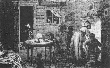 Ku Klux Klan attacking black family inside their home. (drawing by Frank Bellew, Harper's Weekly)