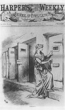 Cartoonist Thomas Nast recalled growing up in fear of the random beatings meted out by Tweed's gang. In the above cartoon he shows relief that justice has been served. (Harper's Weekly)