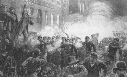 Police, U.S. military soldiers and firefighters attempting to control the chaos brought on by the Haymarket riots, (Courtesy, Library of Congress)