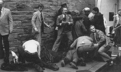 The scene immediately after John Hinckley's assassination attempt on President Ronald Reagan, March 30, 1981. (Bettmann/Corbis)