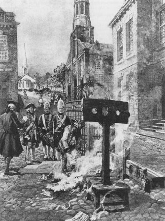 On November 2, 1734, Royal Governor Cosby ordered four issues of Zenger's Weekly Journal burned. (Courtesy, Library of Congress)