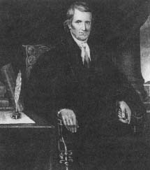 Engraving of Chief Justice John Marshall with Supreme Court building in the distance. (by Alonzo Chappell, Courtesy, Supreme Court of the United States).