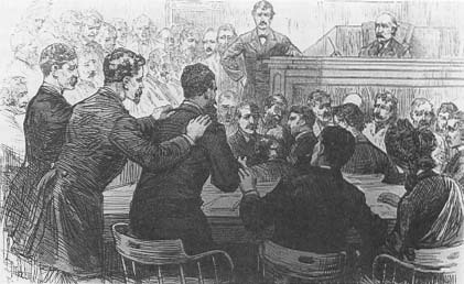 An angry Guiteau being restrained during his sensational trial for the killing of President Garfield. (Harper's Weekly)