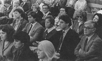 Von Bülow's accusers. Left to right (second row): Ala and Franz Kneissi, Maria Schrallhammer, Alexander von Auersperg, and their attorney Richard Kuh. (Providence Journal-Bulletin Photo)